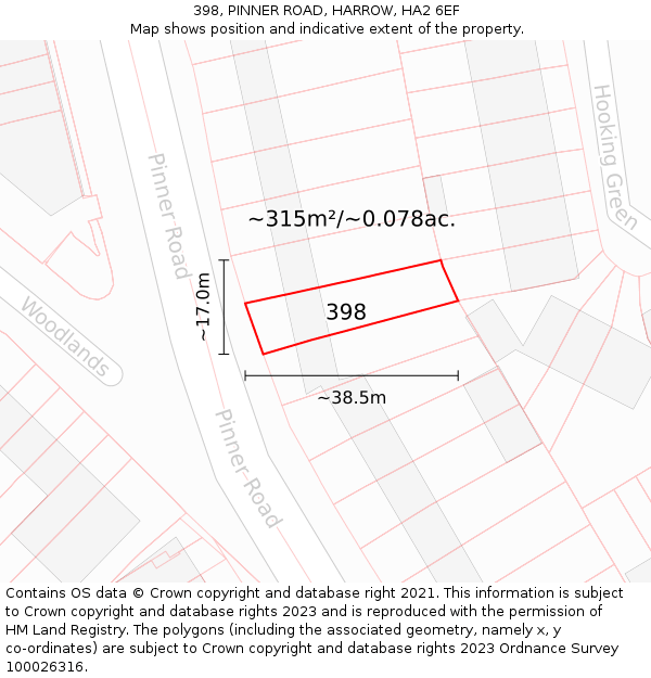 398, PINNER ROAD, HARROW, HA2 6EF: Plot and title map