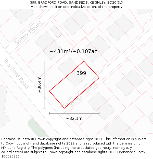 399, BRADFORD ROAD, SANDBEDS, KEIGHLEY, BD20 5LX: Plot and title map