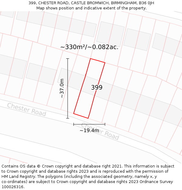 399, CHESTER ROAD, CASTLE BROMWICH, BIRMINGHAM, B36 0JH: Plot and title map