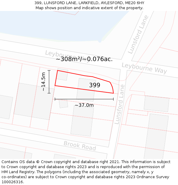 399, LUNSFORD LANE, LARKFIELD, AYLESFORD, ME20 6HY: Plot and title map