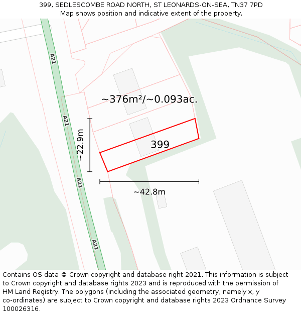 399, SEDLESCOMBE ROAD NORTH, ST LEONARDS-ON-SEA, TN37 7PD: Plot and title map