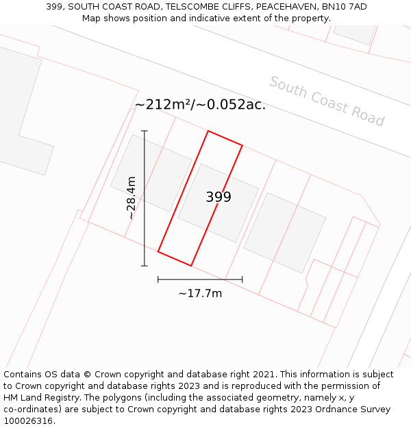 399, SOUTH COAST ROAD, TELSCOMBE CLIFFS, PEACEHAVEN, BN10 7AD: Plot and title map