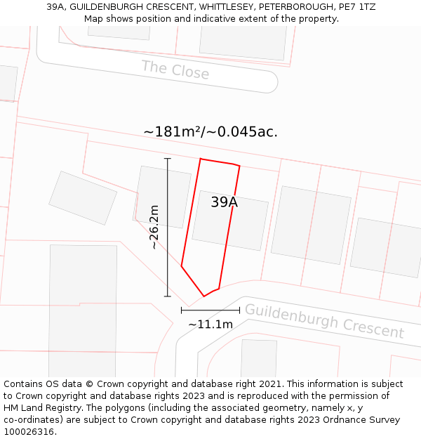 39A, GUILDENBURGH CRESCENT, WHITTLESEY, PETERBOROUGH, PE7 1TZ: Plot and title map