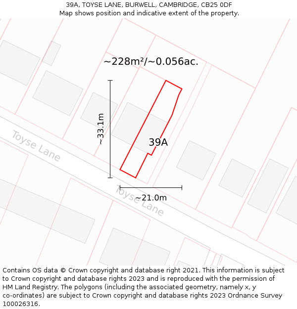 39A, TOYSE LANE, BURWELL, CAMBRIDGE, CB25 0DF: Plot and title map