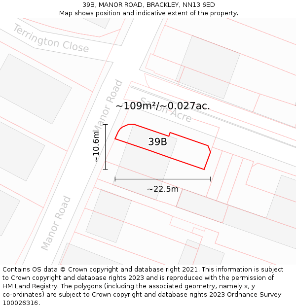 39B, MANOR ROAD, BRACKLEY, NN13 6ED: Plot and title map