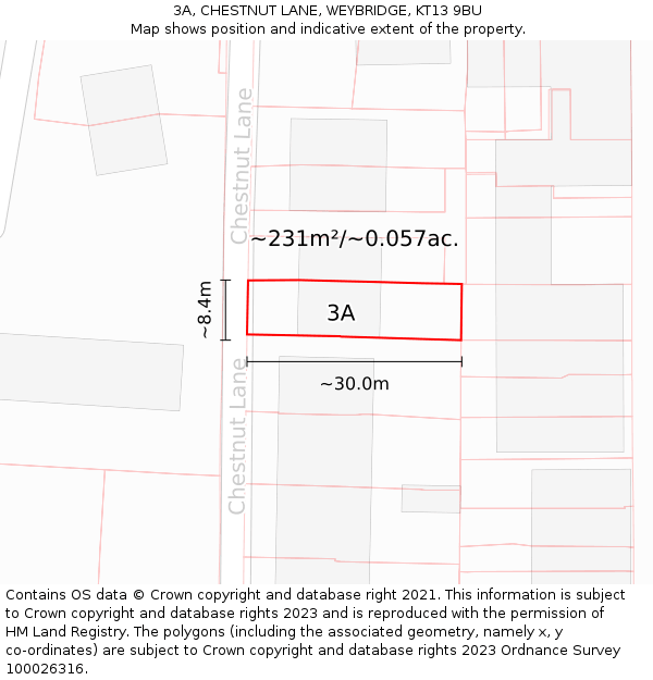 3A, CHESTNUT LANE, WEYBRIDGE, KT13 9BU: Plot and title map