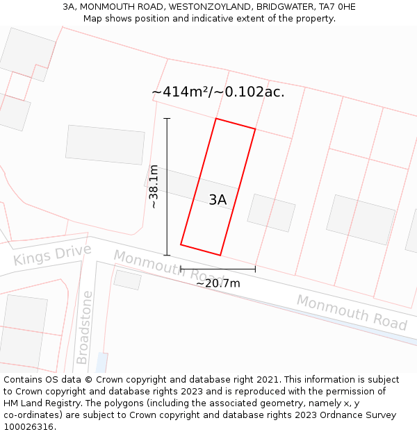 3A, MONMOUTH ROAD, WESTONZOYLAND, BRIDGWATER, TA7 0HE: Plot and title map