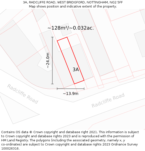 3A, RADCLIFFE ROAD, WEST BRIDGFORD, NOTTINGHAM, NG2 5FF: Plot and title map