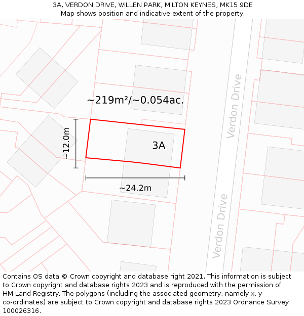 3A, VERDON DRIVE, WILLEN PARK, MILTON KEYNES, MK15 9DE: Plot and title map