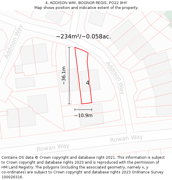 4, ADDISON WAY, BOGNOR REGIS, PO22 9HY: Plot and title map