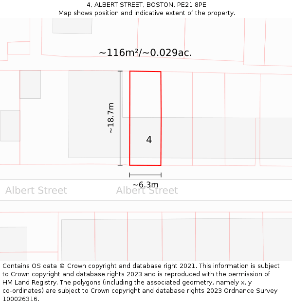 4, ALBERT STREET, BOSTON, PE21 8PE: Plot and title map