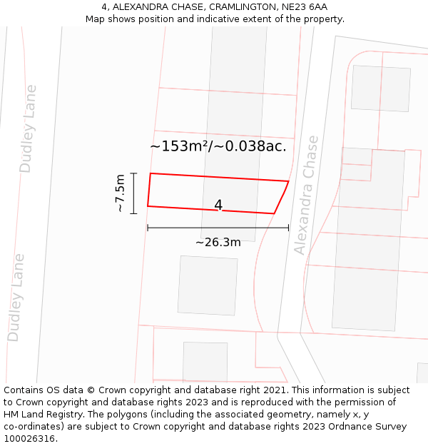 4, ALEXANDRA CHASE, CRAMLINGTON, NE23 6AA: Plot and title map