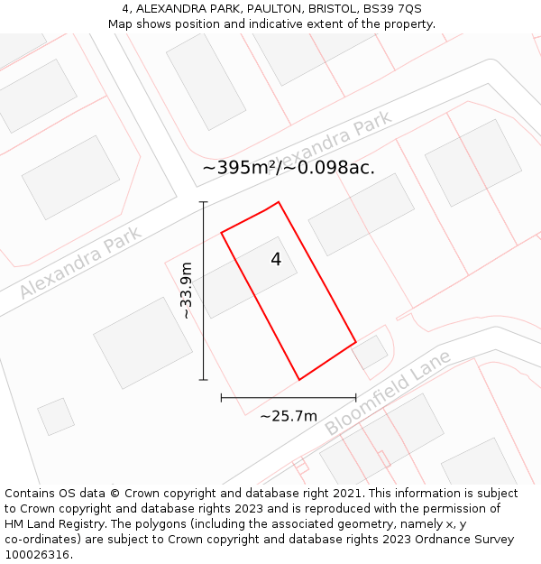 4, ALEXANDRA PARK, PAULTON, BRISTOL, BS39 7QS: Plot and title map