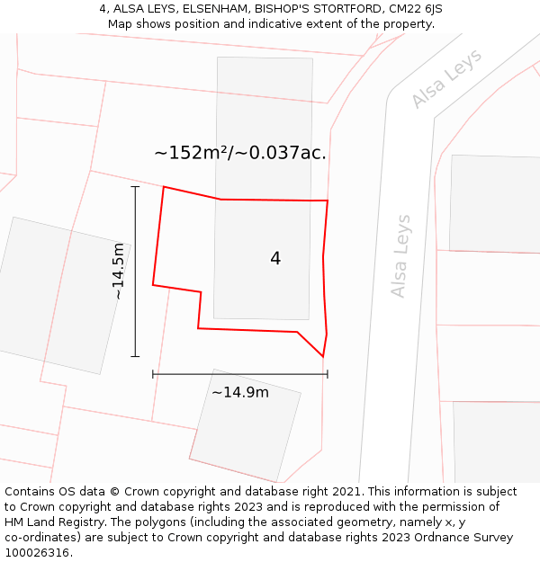 4, ALSA LEYS, ELSENHAM, BISHOP'S STORTFORD, CM22 6JS: Plot and title map