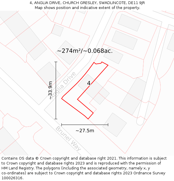 4, ANGLIA DRIVE, CHURCH GRESLEY, SWADLINCOTE, DE11 9JR: Plot and title map