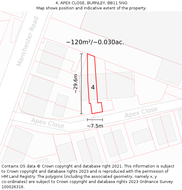 4, APEX CLOSE, BURNLEY, BB11 5NG: Plot and title map