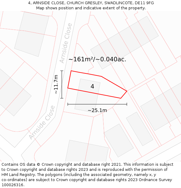 4, ARNSIDE CLOSE, CHURCH GRESLEY, SWADLINCOTE, DE11 9FG: Plot and title map