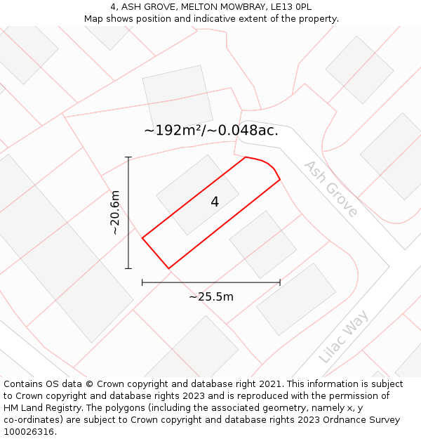 4, ASH GROVE, MELTON MOWBRAY, LE13 0PL: Plot and title map