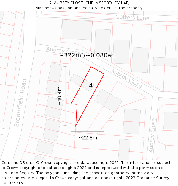 4, AUBREY CLOSE, CHELMSFORD, CM1 4EJ: Plot and title map