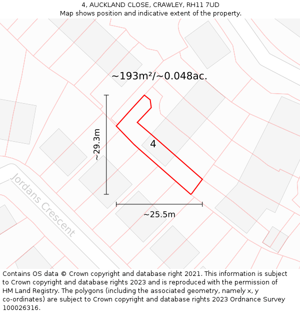 4, AUCKLAND CLOSE, CRAWLEY, RH11 7UD: Plot and title map