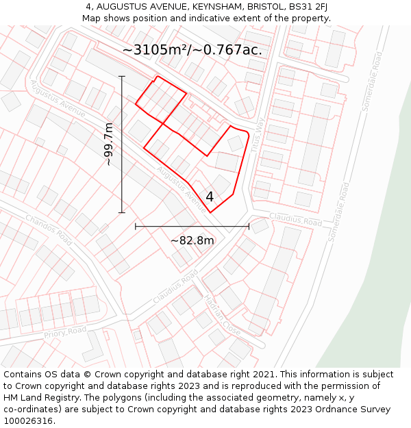 4, AUGUSTUS AVENUE, KEYNSHAM, BRISTOL, BS31 2FJ: Plot and title map