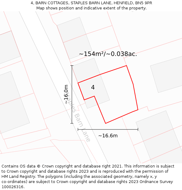 4, BARN COTTAGES, STAPLES BARN LANE, HENFIELD, BN5 9PR: Plot and title map