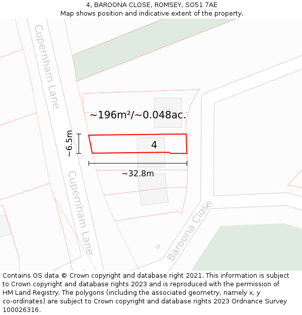 4, BAROONA CLOSE, ROMSEY, SO51 7AE: Plot and title map