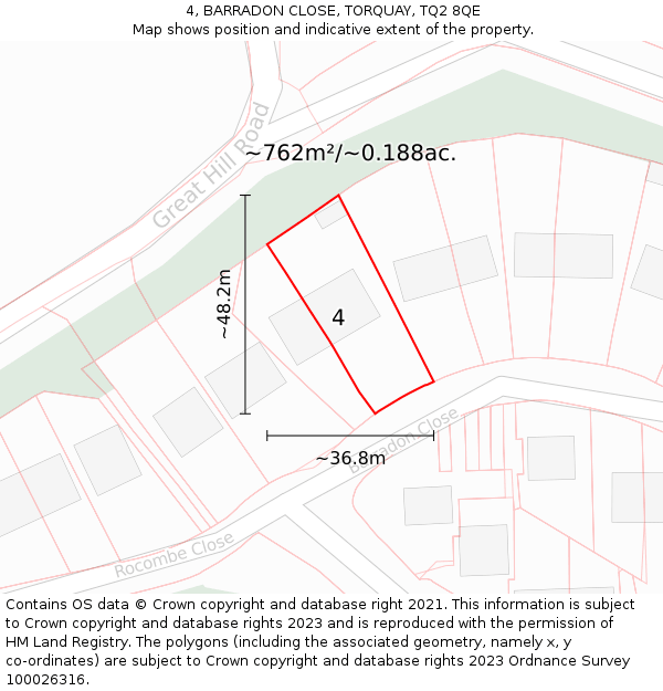 4, BARRADON CLOSE, TORQUAY, TQ2 8QE: Plot and title map