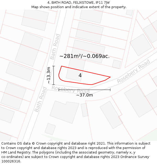 4, BATH ROAD, FELIXSTOWE, IP11 7JW: Plot and title map