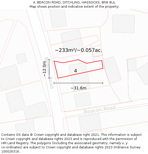 4, BEACON ROAD, DITCHLING, HASSOCKS, BN6 8UL: Plot and title map