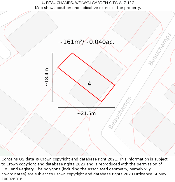 4, BEAUCHAMPS, WELWYN GARDEN CITY, AL7 1FG: Plot and title map