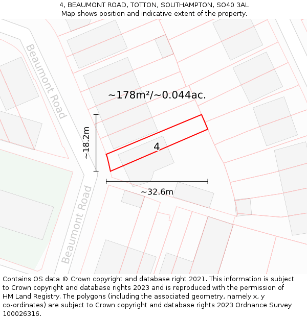 4, BEAUMONT ROAD, TOTTON, SOUTHAMPTON, SO40 3AL: Plot and title map