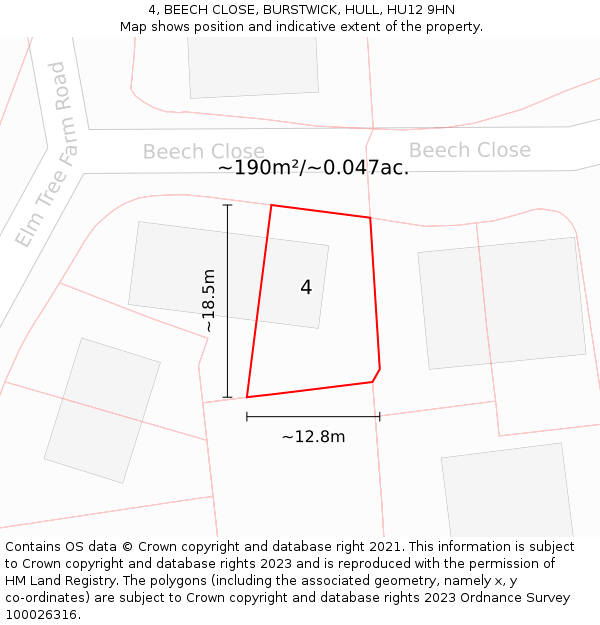 4, BEECH CLOSE, BURSTWICK, HULL, HU12 9HN: Plot and title map