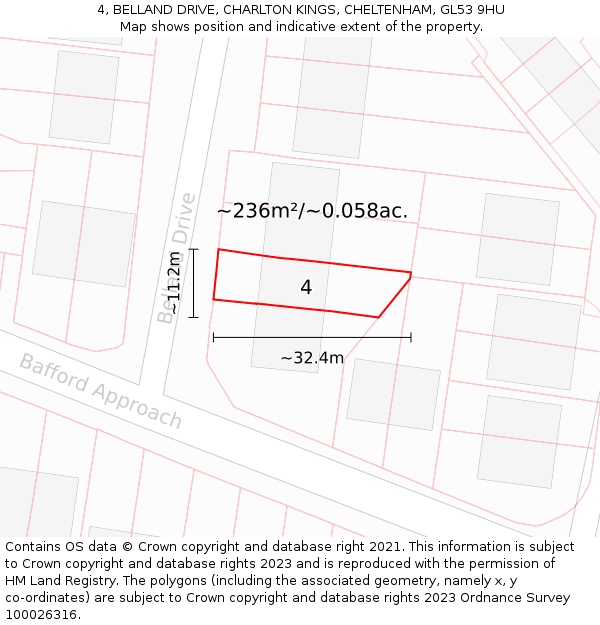 4, BELLAND DRIVE, CHARLTON KINGS, CHELTENHAM, GL53 9HU: Plot and title map