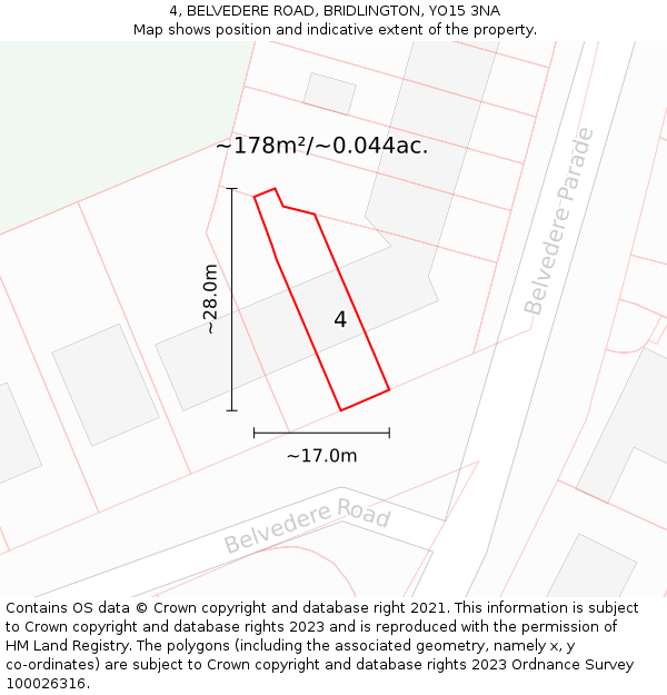 4, BELVEDERE ROAD, BRIDLINGTON, YO15 3NA: Plot and title map