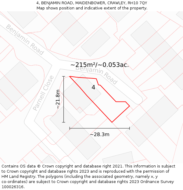 4, BENJAMIN ROAD, MAIDENBOWER, CRAWLEY, RH10 7QY: Plot and title map