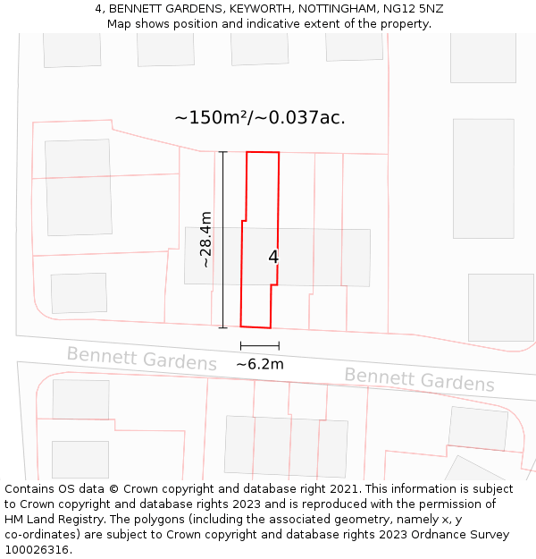 4, BENNETT GARDENS, KEYWORTH, NOTTINGHAM, NG12 5NZ: Plot and title map