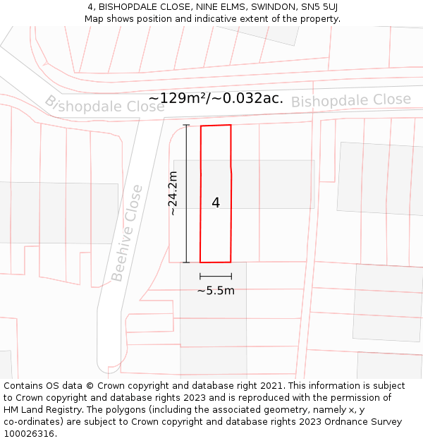 4, BISHOPDALE CLOSE, NINE ELMS, SWINDON, SN5 5UJ: Plot and title map