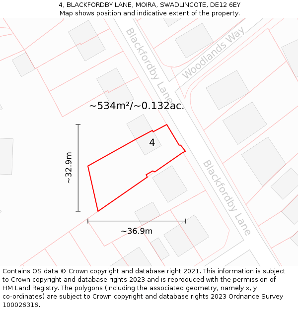 4, BLACKFORDBY LANE, MOIRA, SWADLINCOTE, DE12 6EY: Plot and title map