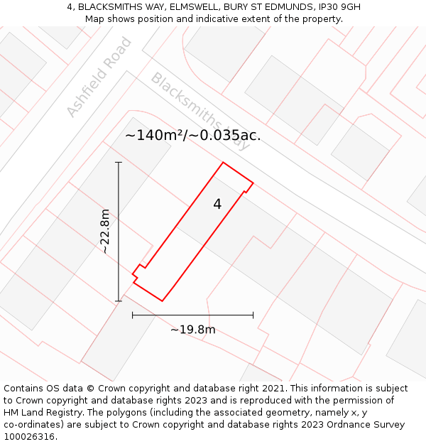 4, BLACKSMITHS WAY, ELMSWELL, BURY ST EDMUNDS, IP30 9GH: Plot and title map