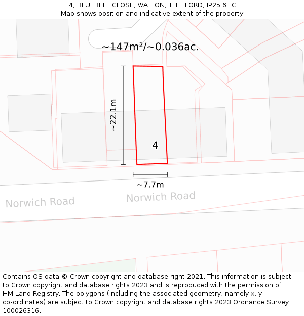 4, BLUEBELL CLOSE, WATTON, THETFORD, IP25 6HG: Plot and title map