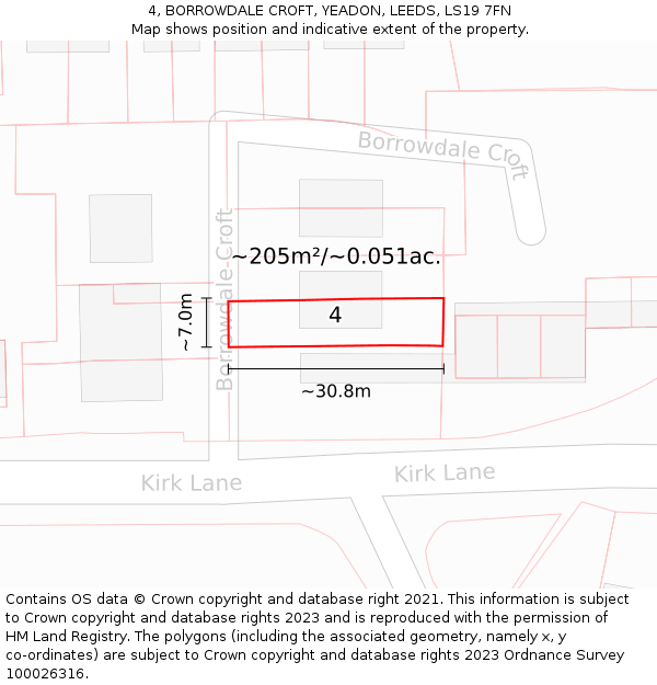 4, BORROWDALE CROFT, YEADON, LEEDS, LS19 7FN: Plot and title map