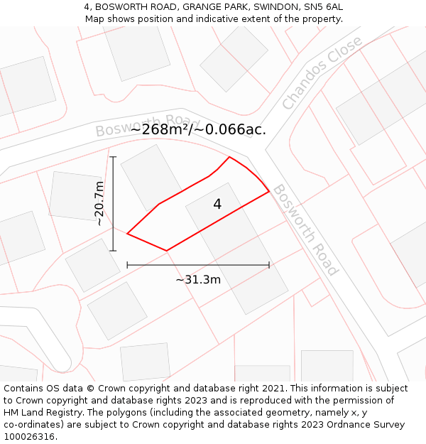 4, BOSWORTH ROAD, GRANGE PARK, SWINDON, SN5 6AL: Plot and title map