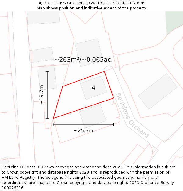 4, BOULDENS ORCHARD, GWEEK, HELSTON, TR12 6BN: Plot and title map