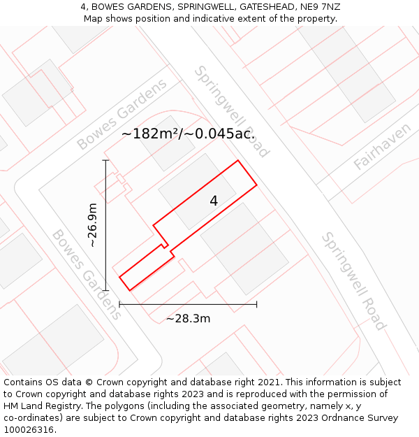 4, BOWES GARDENS, SPRINGWELL, GATESHEAD, NE9 7NZ: Plot and title map