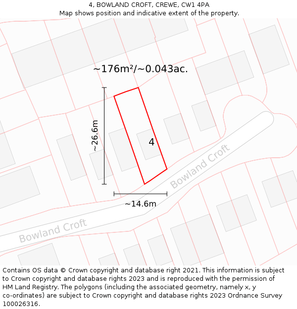 4, BOWLAND CROFT, CREWE, CW1 4PA: Plot and title map