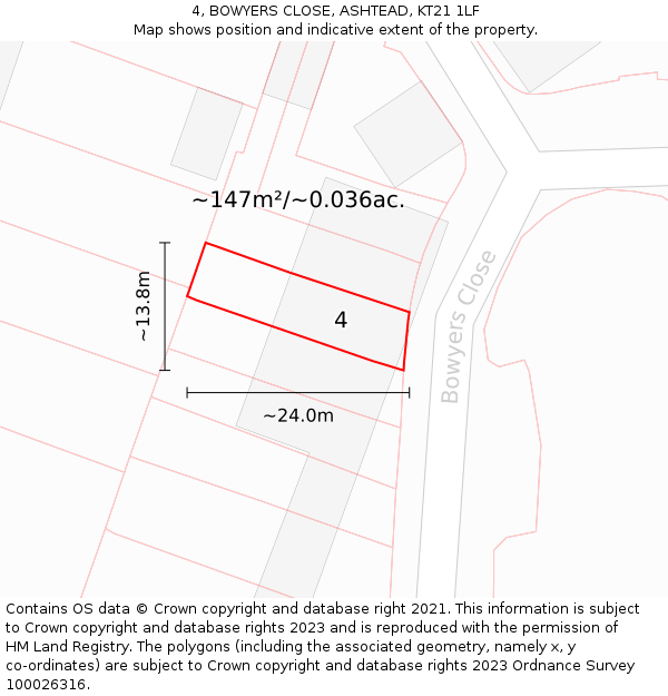 4, BOWYERS CLOSE, ASHTEAD, KT21 1LF: Plot and title map