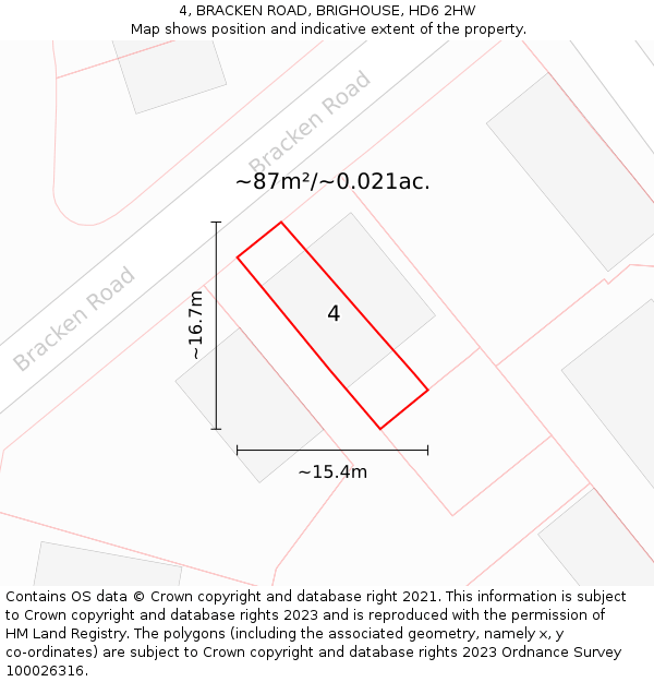 4, BRACKEN ROAD, BRIGHOUSE, HD6 2HW: Plot and title map