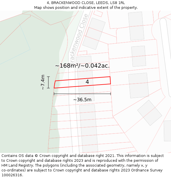 4, BRACKENWOOD CLOSE, LEEDS, LS8 1RL: Plot and title map
