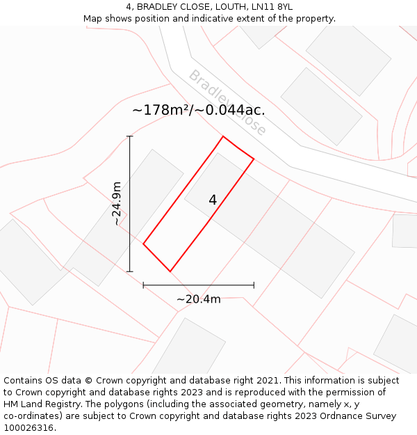 4, BRADLEY CLOSE, LOUTH, LN11 8YL: Plot and title map